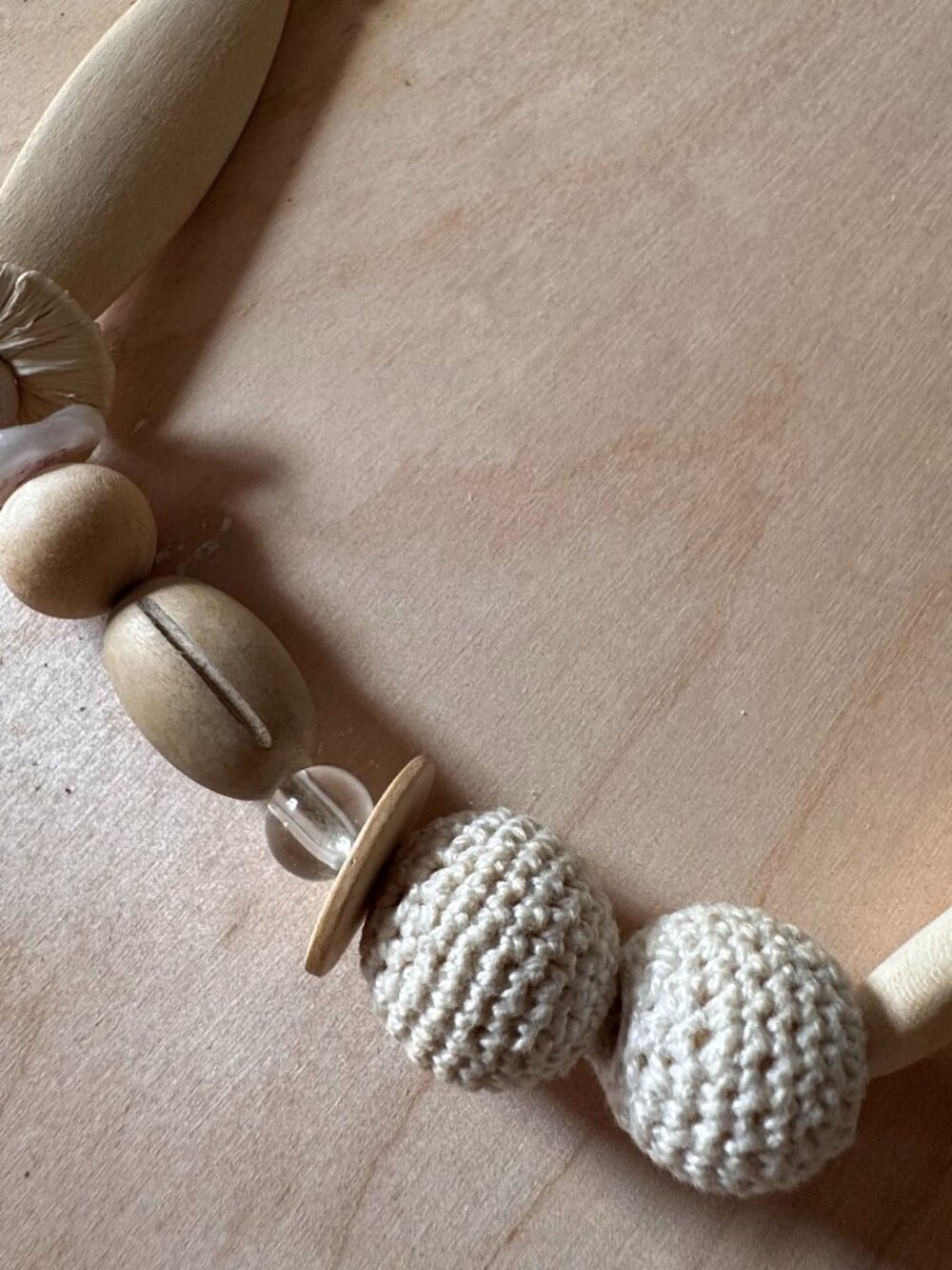 Artisan Natural Wood & Crochet Statement Necklace | 19" Adjustable